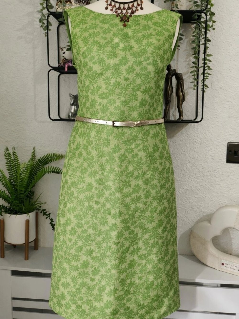 Green striped floral pattern cotton and linen blend long dress